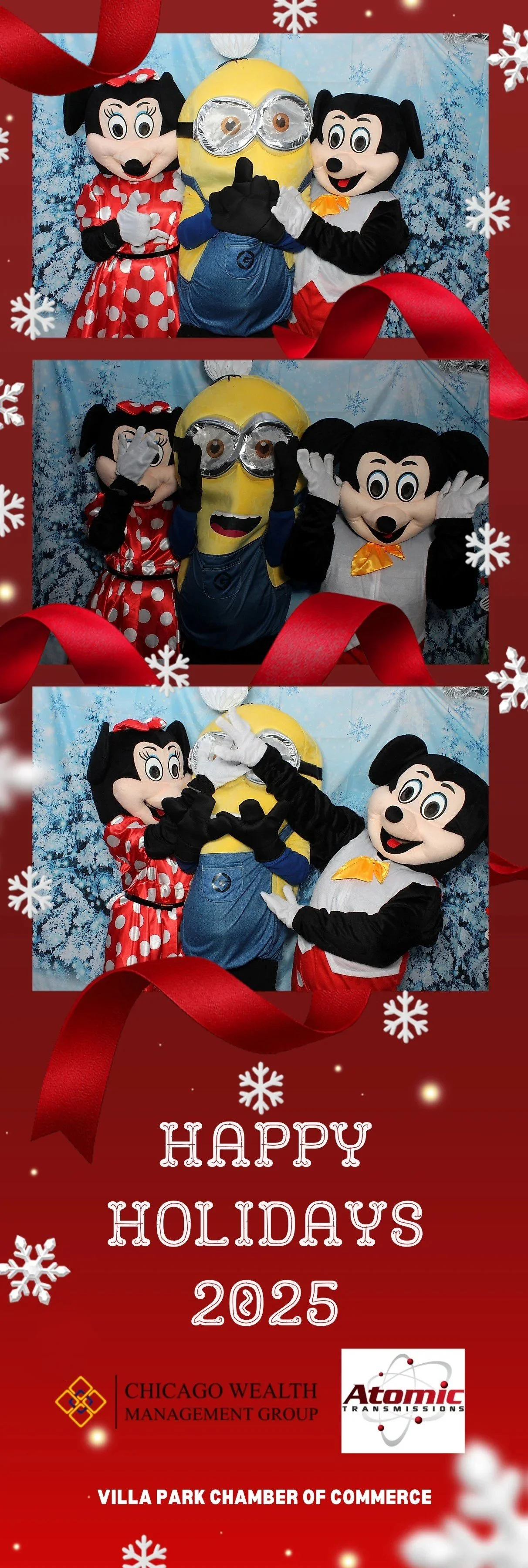 Three people in Disney characters costumes—Minnie Mouse, Minion, and Mickey Mouse—posing together in a winter-themed photo booth with snowy background. The frame has Christmas decorations and the text 'Happy Holidays 2025' along with logos for Chicag