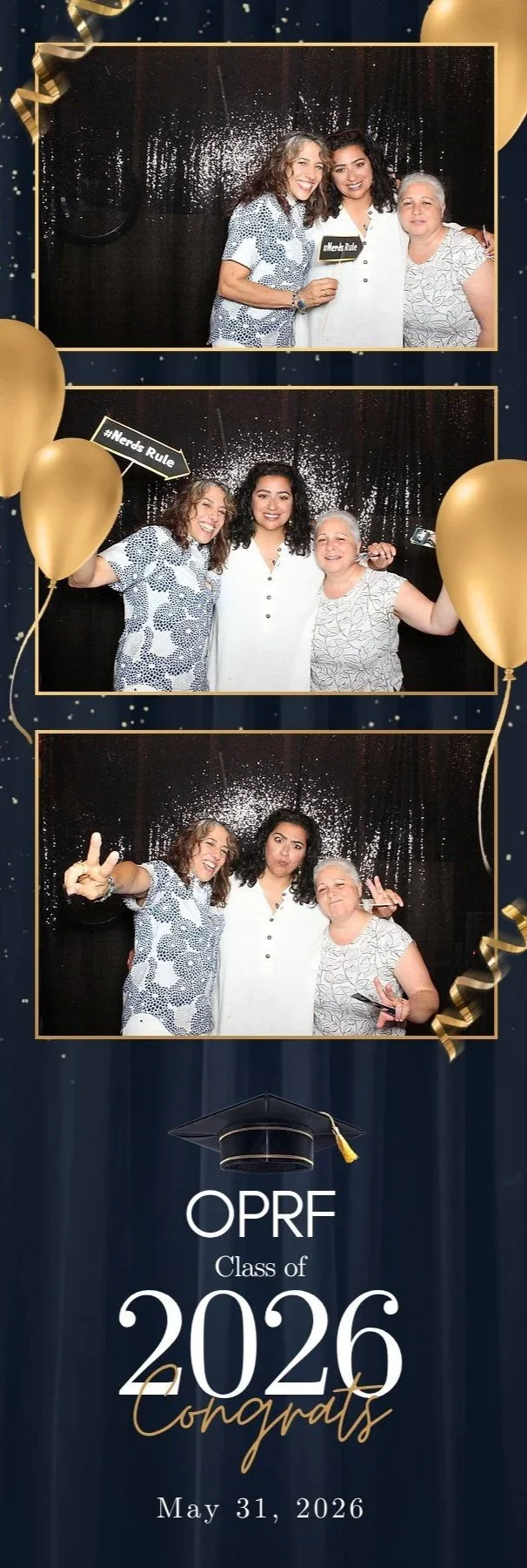 A three-panel graduation photo booth strip with three women celebrating a graduation. Each panel shows the same three women posing with different expressions and props, including a sign that says '#Nerds Rule.' The background is black with a glittery