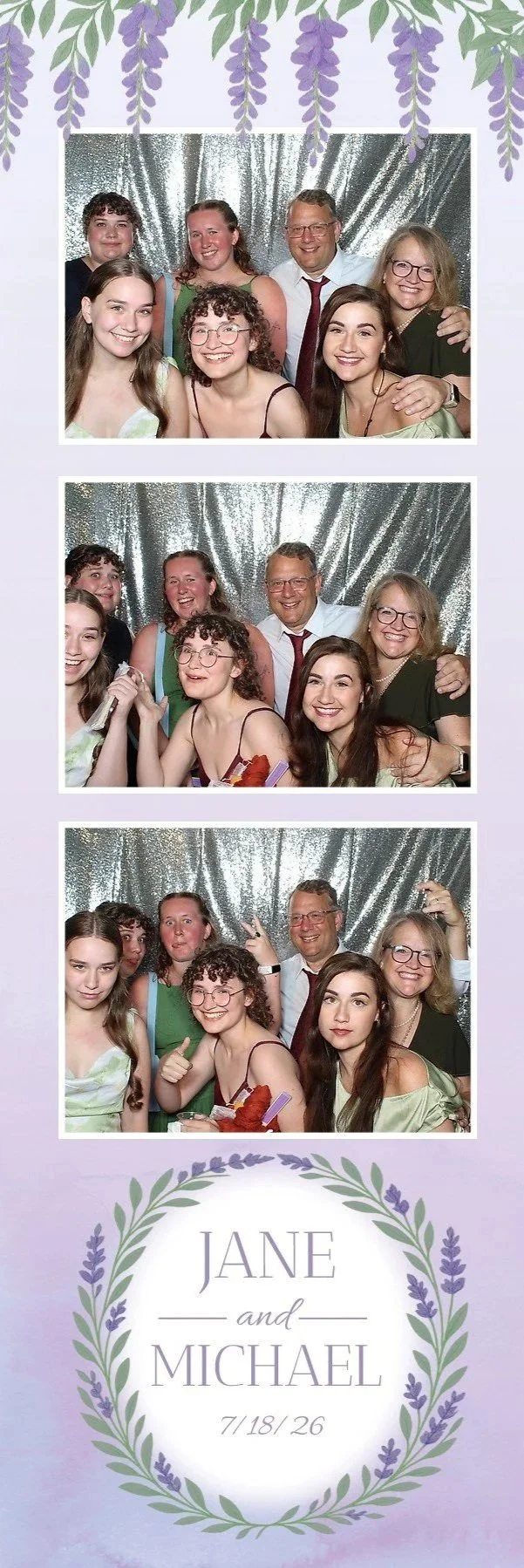 Photo booth strip featuring three pictures of a group of people at a celebration, with a decorative purple floral border at the top and a lavender-themed invitation card at the bottom that reads "Jane and Michael 7/18/26."