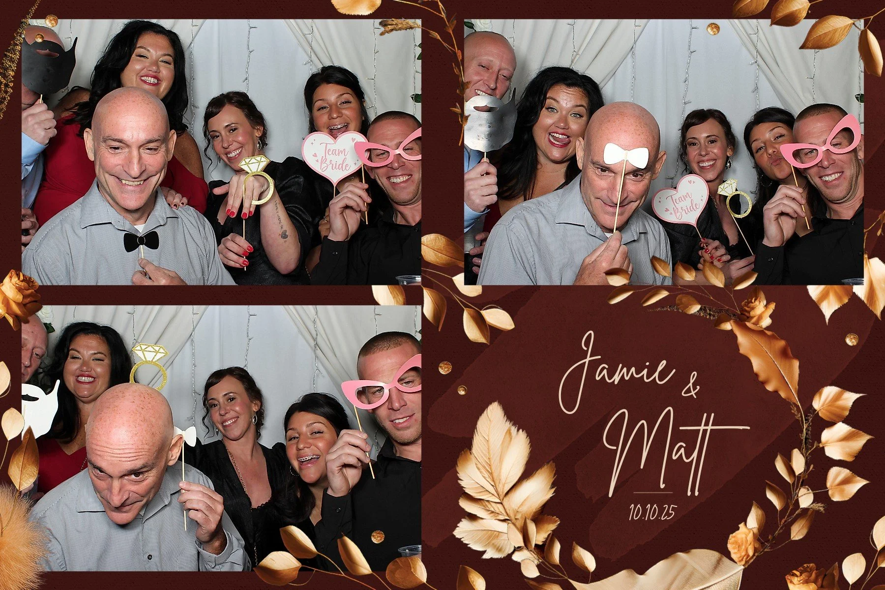 A group of people at a wedding reception taking photos with photo booth props, including glasses, bow ties, and signs reading 'Team Bride,' against a white curtain backdrop. The image features a digital frame with brown and gold leaves and the names 