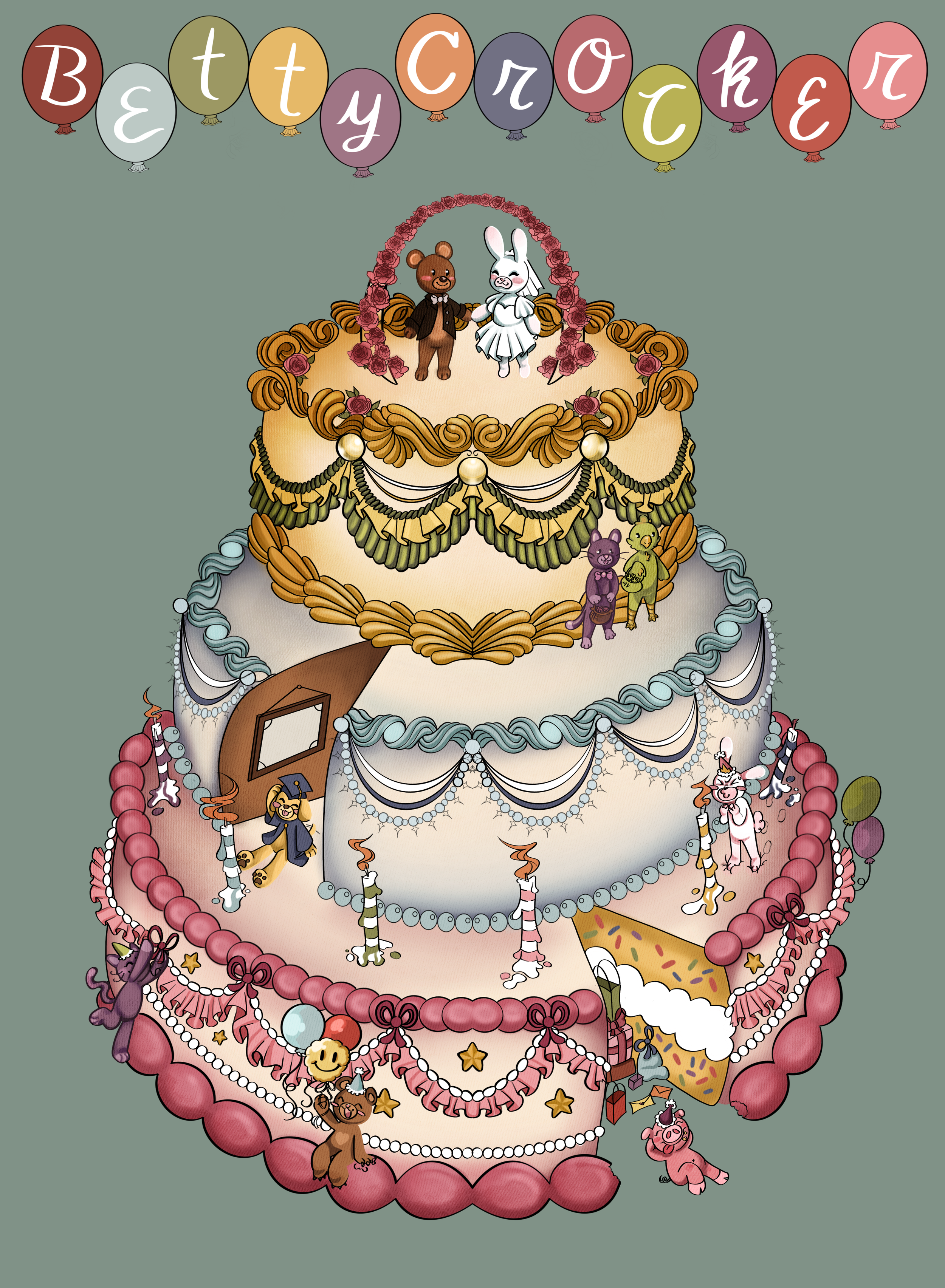 Colorful, multi-tiered birthday cake decorated with animals, balloons, and party decorations, featuring characters like a bunny and bears celebrating.