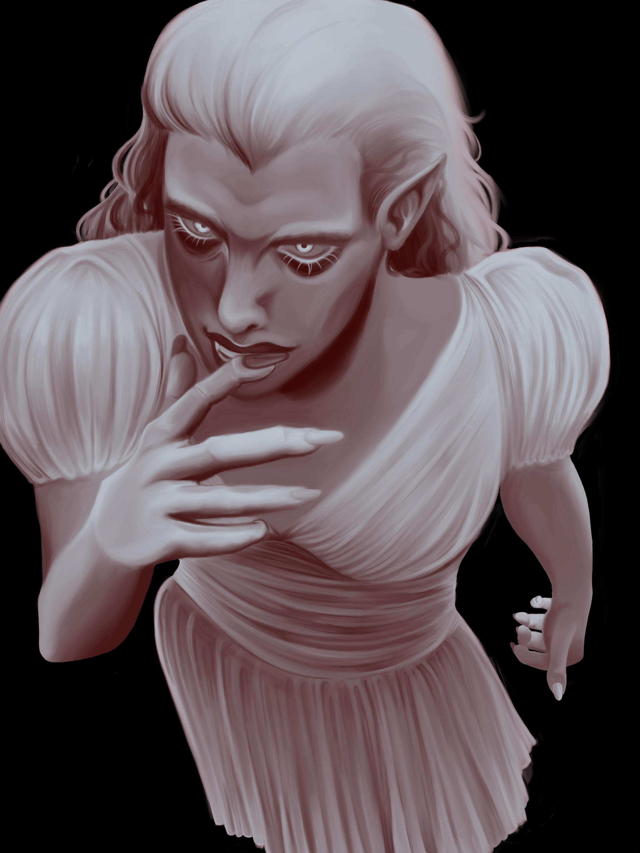 A fantasy character with pointed ears and pale skin, dressed in a flowing, pleated dress, with long, wavy hair, staring intensely at the viewer, holding her finger near her lips.