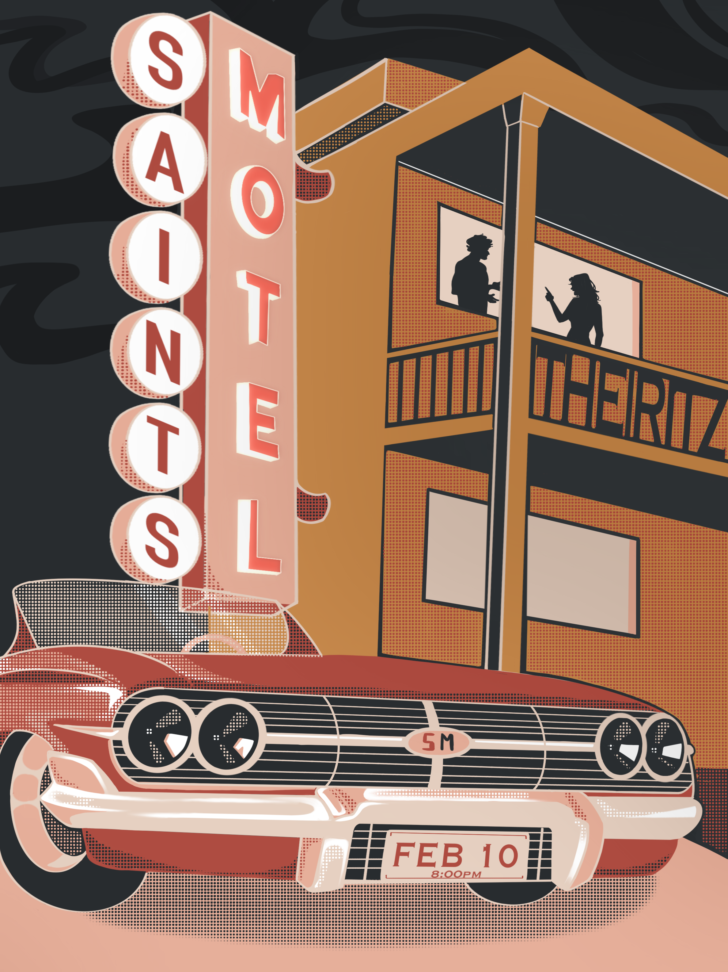 A retro-style illustration of a car with a neon sign that reads 'Snack Motel' in front of a building with two people on a balcony looking at their phones, under a dark sky.