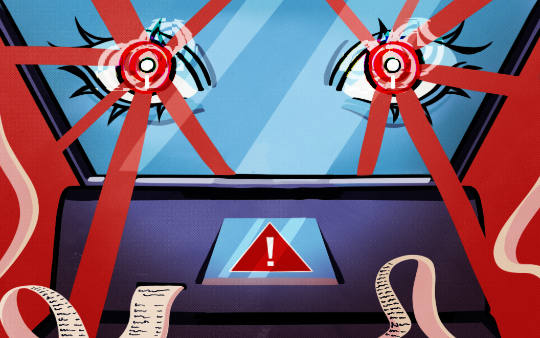 Broken laptop screen with two eye illustrations and red laser beams coming from the eyes, along with an exclamation mark warning icon on a device in front.