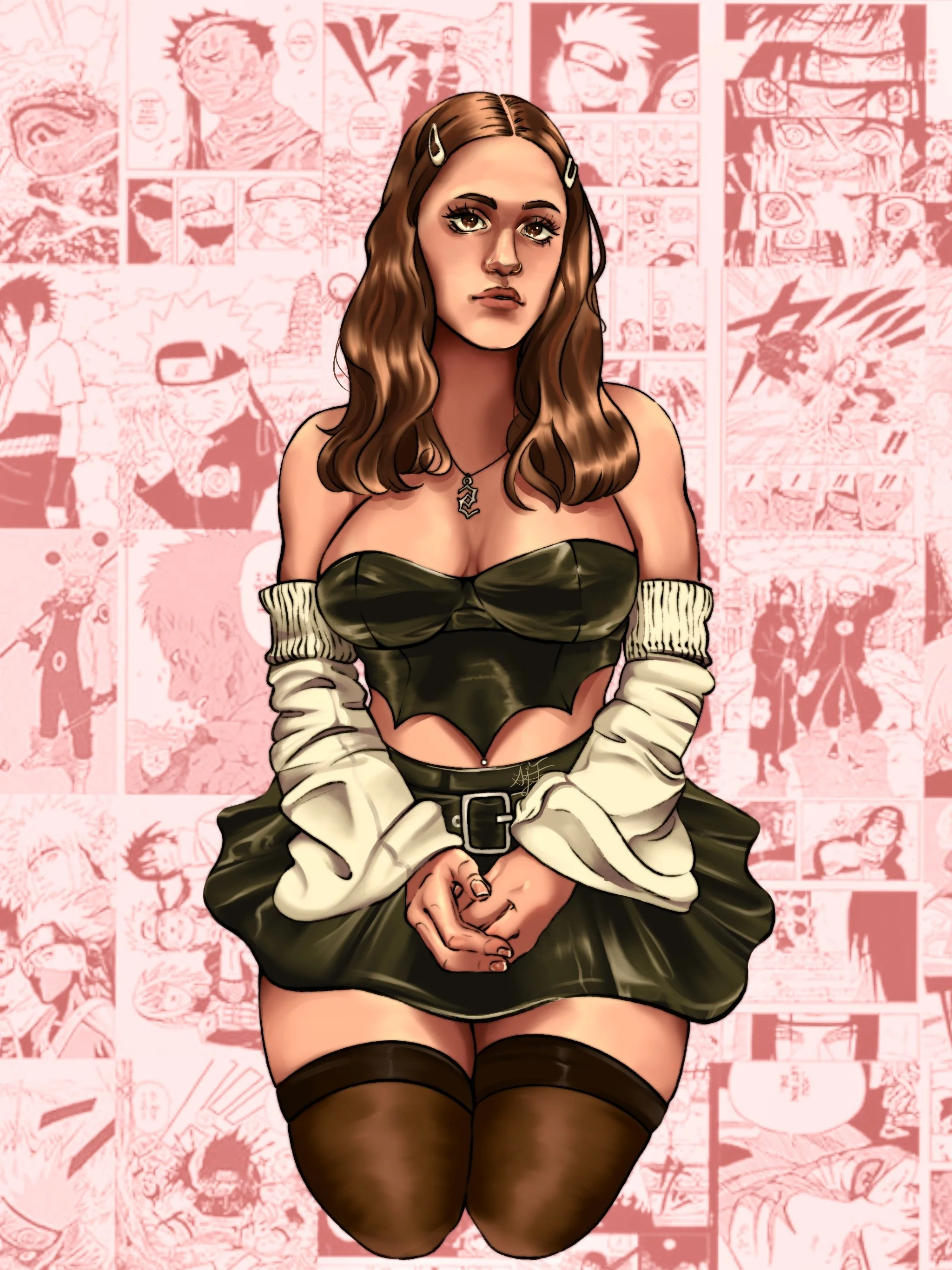 Digital illustration of a young woman with brown hair kneeling, wearing a green strapless top, a matching skirt, over-the-knee stockings, and an off-shoulder jacket. She has hair clips, necklace, and is set against a pink collage of manga panels.