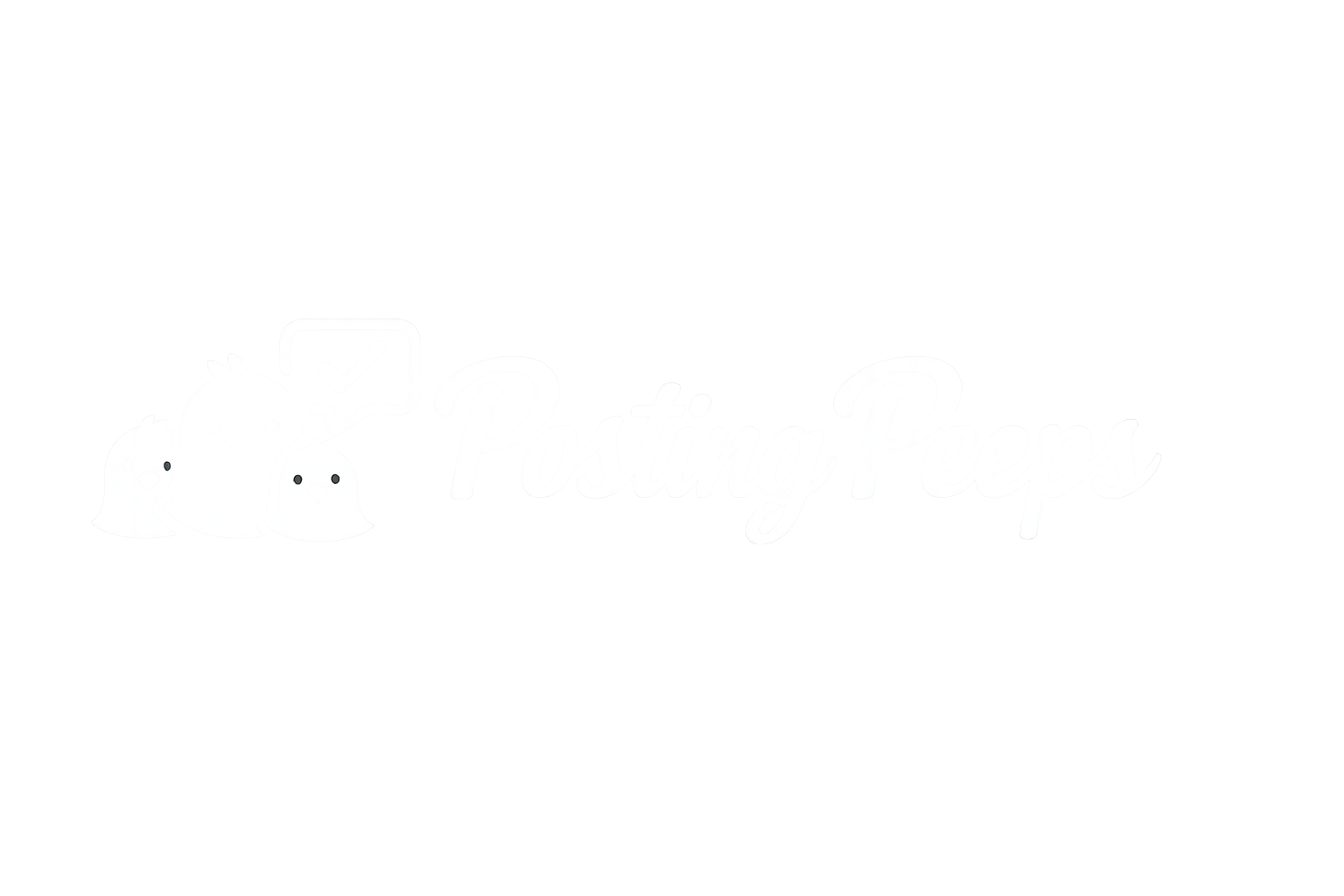 Logo with three cartoon peeps, one with a checkmark, and the text 'Posting Peeps' in a script font.