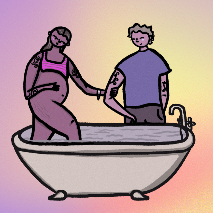 Zeichnung eines Paares bei der Geburt, das in einer Badewanne sitzt, bei Sonnenuntergang, mit Tattoos auf Armen, lächelnd.
