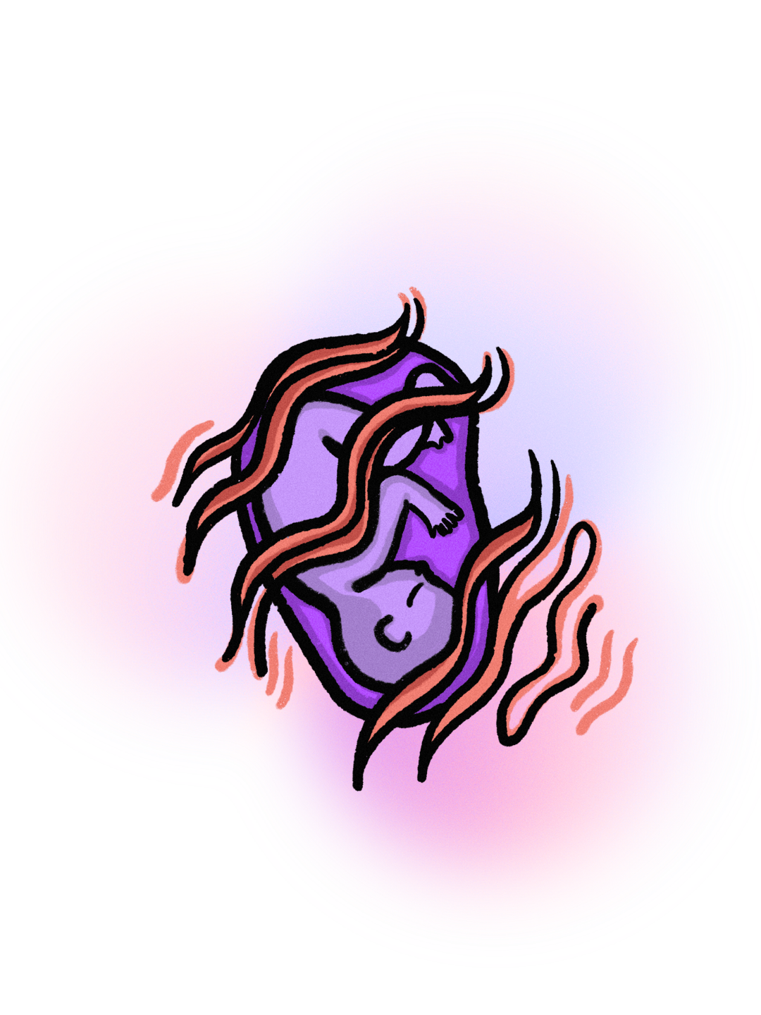 Eine künstlerische Illustration von ein Baby, umgeben von Wellenlinien, mit einem magentafarbenen und bläulichen Hintergrund.