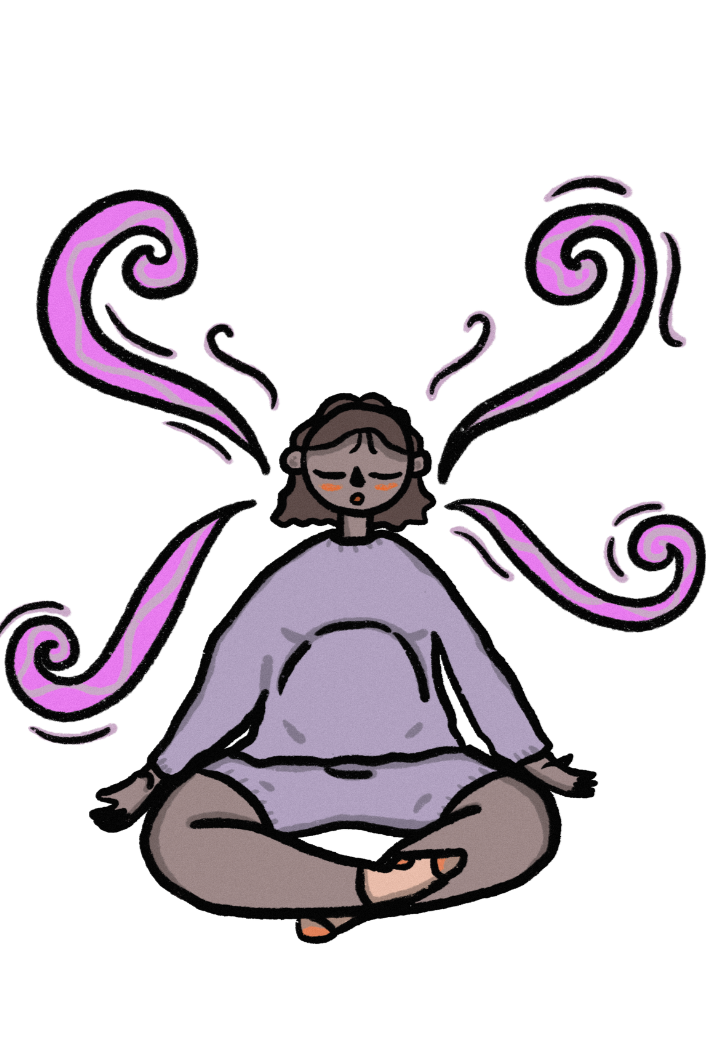 Eine Zeichnung einer entspannten Person, die in einer Meditationshaltung sitzt, mit geschlossenen Augen und ruhigem Ausdruck, umgeben von rosa und purple spiralförmigen Linien.