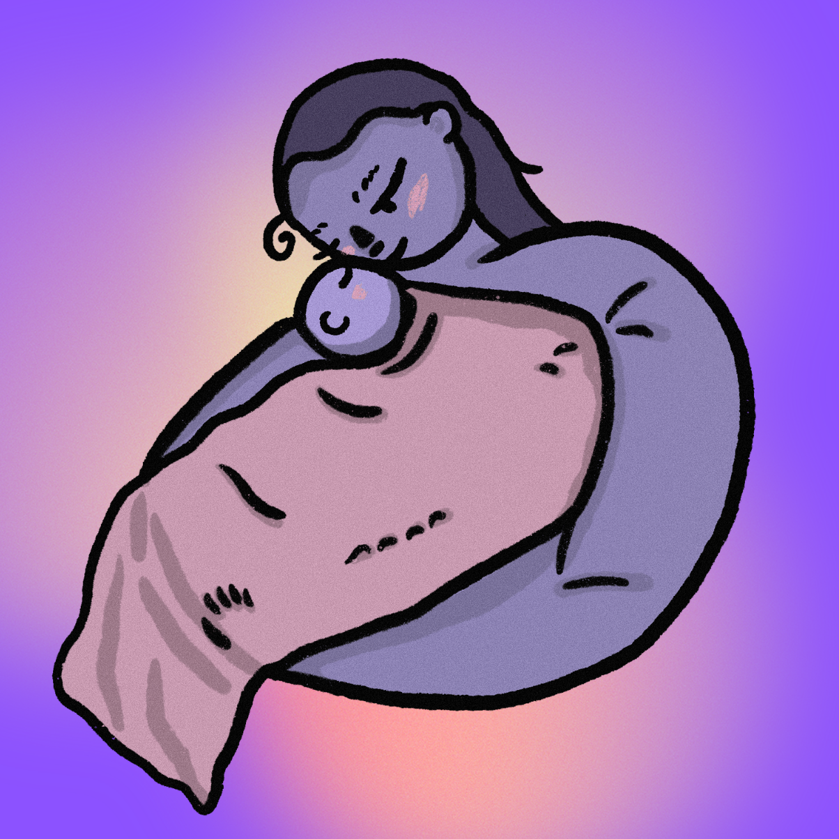 Zeichnung einer Mutter, die ihr Baby zärtlich hält, vor neutralem Farbverlauf im Hintergrund.