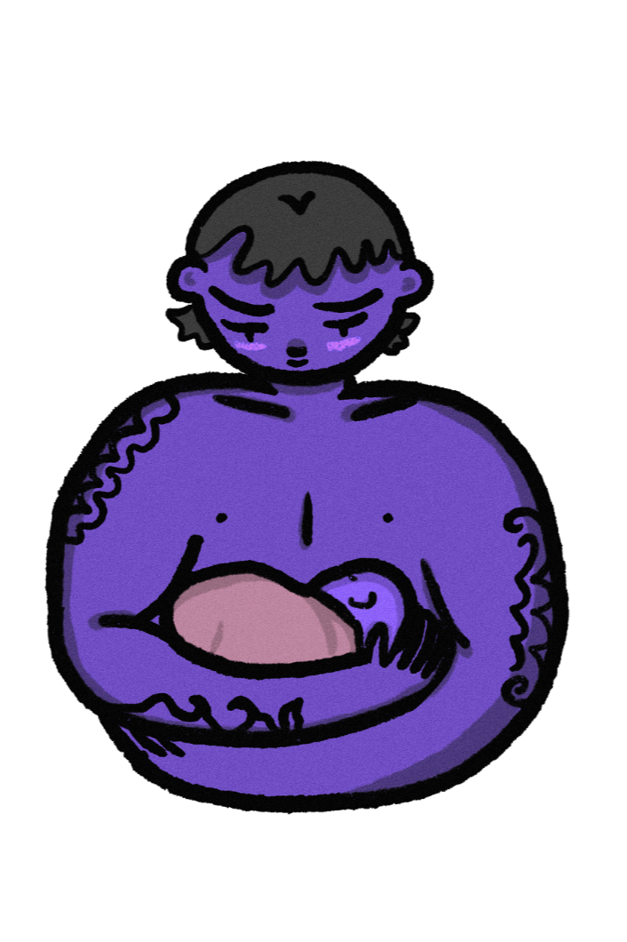 Künstlerische Darstellung einer Mutter, die ihr Baby stillt, in einer stilisierten, bunten, cartoonartigen Illustration.