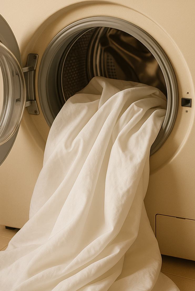 White fabric being loaded into a front-loading washing machine.