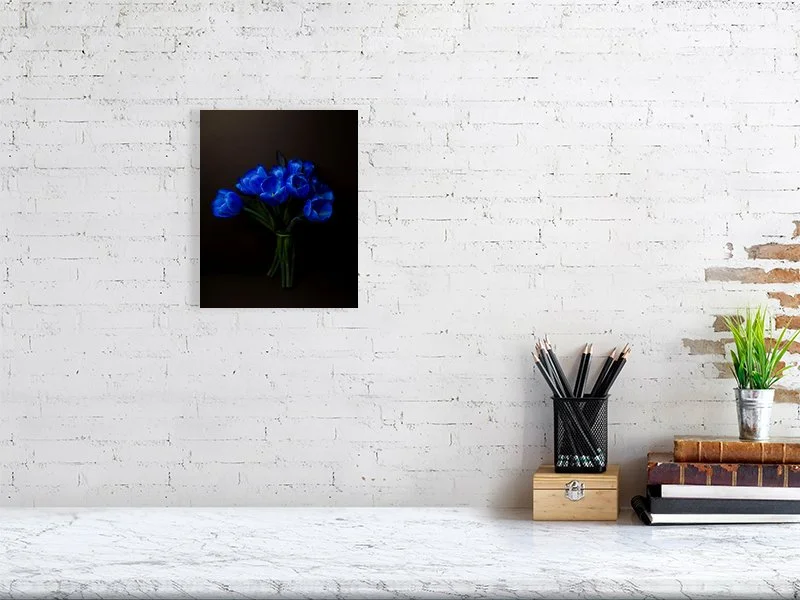 Fine art photograph of a Bouquet of Electric Blue Tulips on Black from Above on black for sale art prints home decor gifts
