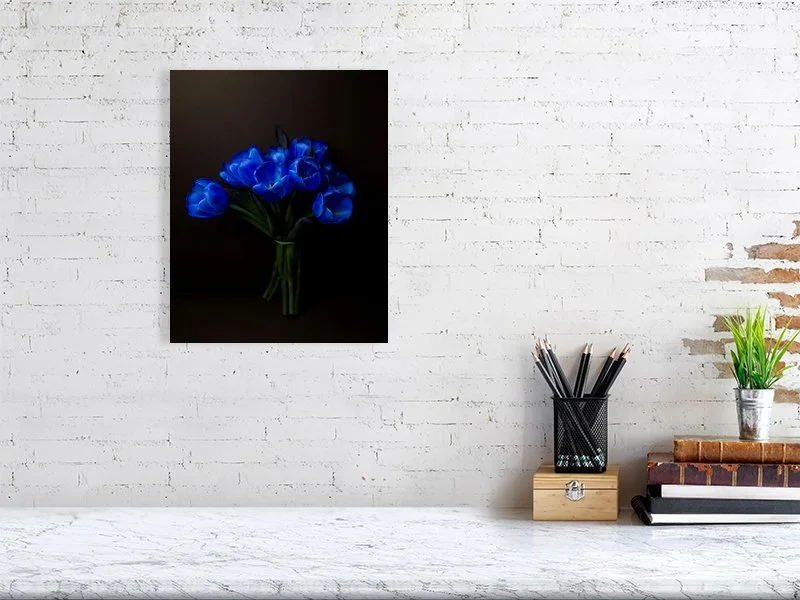 Fine art photograph of a Bouquet of Electric Blue Tulips on Black from Above on black for sale art prints home decor gifts