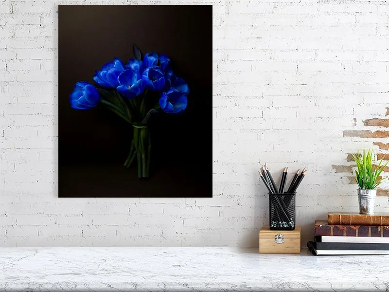 Fine art photograph of a Bouquet of Electric Blue Tulips on Black from Above on black for sale art prints home decor gifts