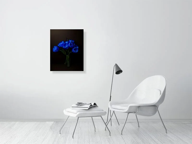 Fine art photograph of a Bouquet of Electric Blue Tulips on Black from Above on black for sale art prints home decor gifts
