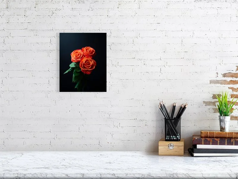 Fine art photograph of a bunch of Orange Roses on a black background in dramatic lighting for sale art prints home decor gifts