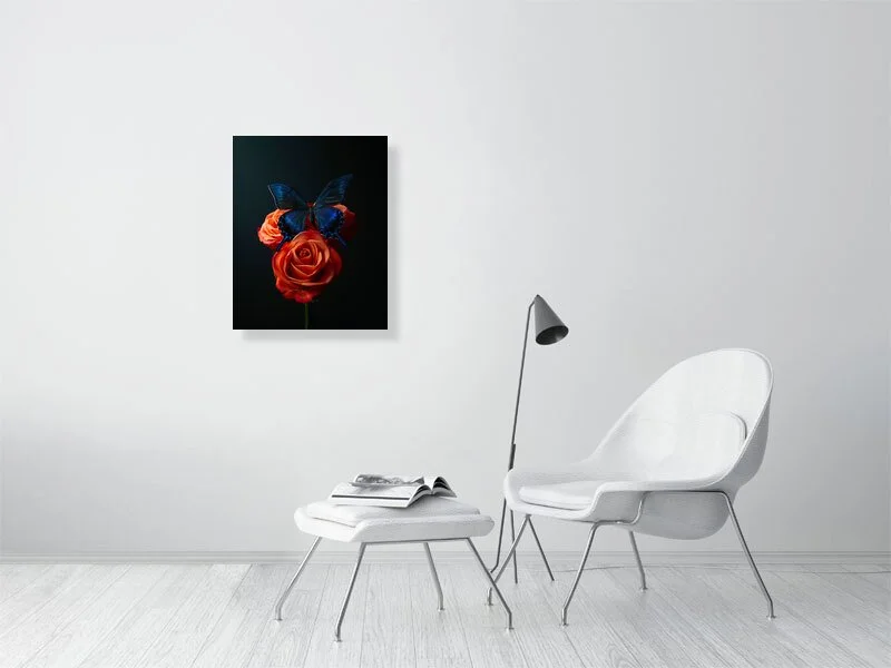 Fine art prints for sale of an iridescent blue butterfly sitting on a bunch of three orange roses sample home decor.
