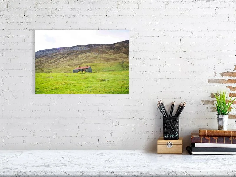 Sample image of a photograph of an abandoned house in the green hills of a glen in Scotland.