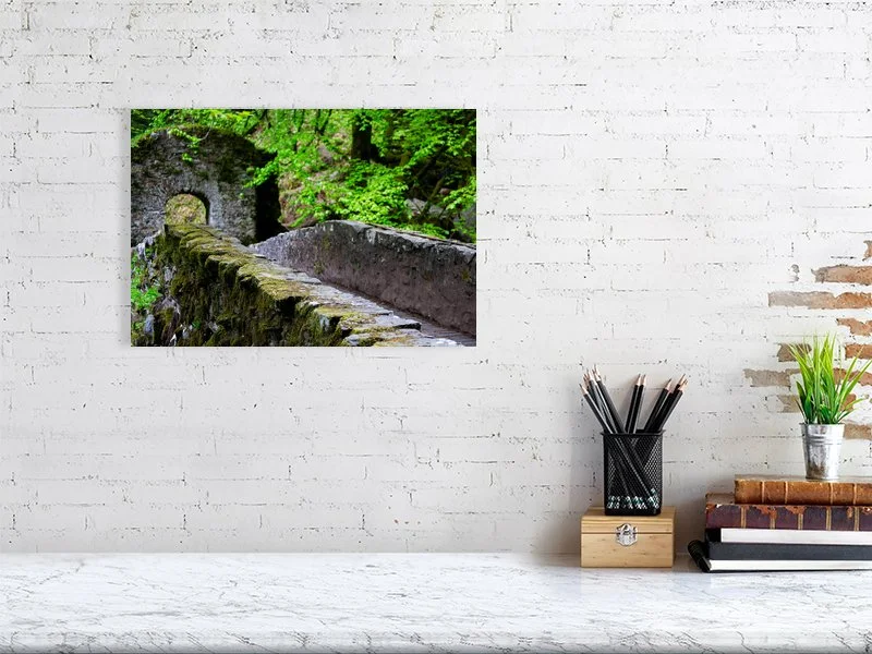 Sample image of Photograph of a stone bridge covered in ivy in a forest in the Scottish highlands.