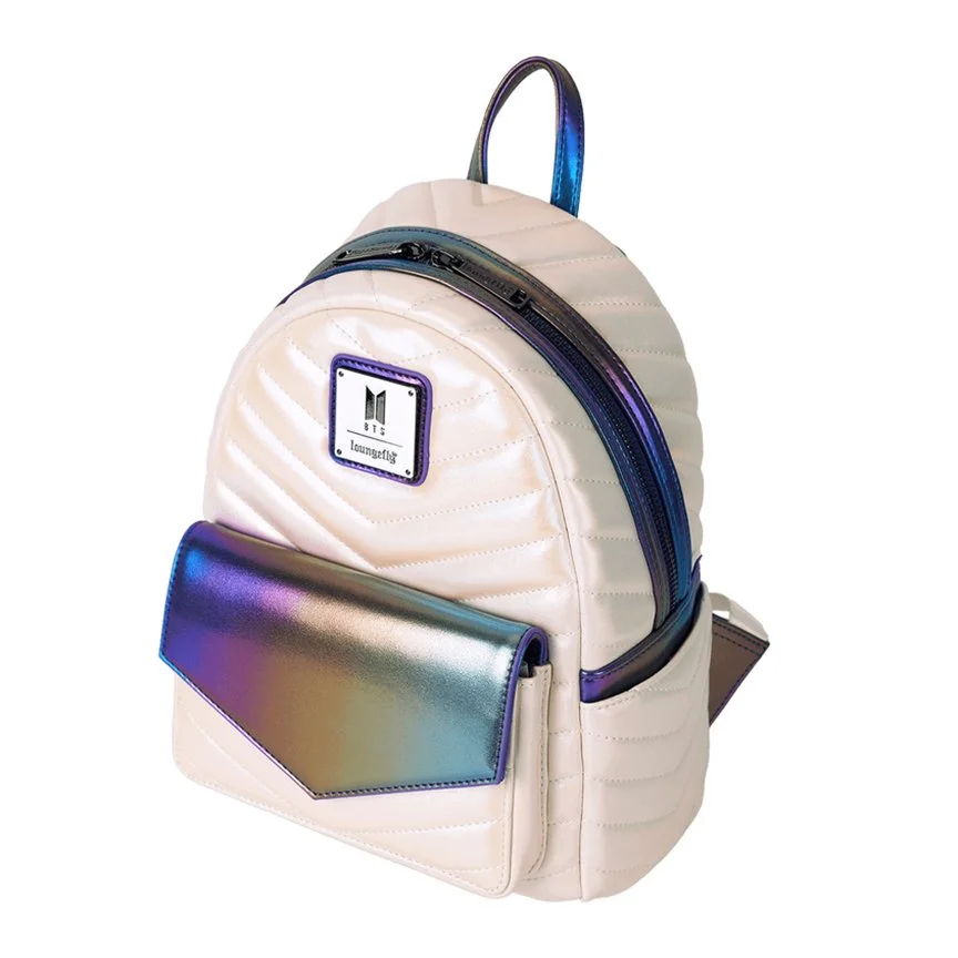 Mini-backpack accessory product image photographed for Loungefly. Backpack is iridescent white with dark rainbow details and straps. It has the BTS K-pop band logo on the front.