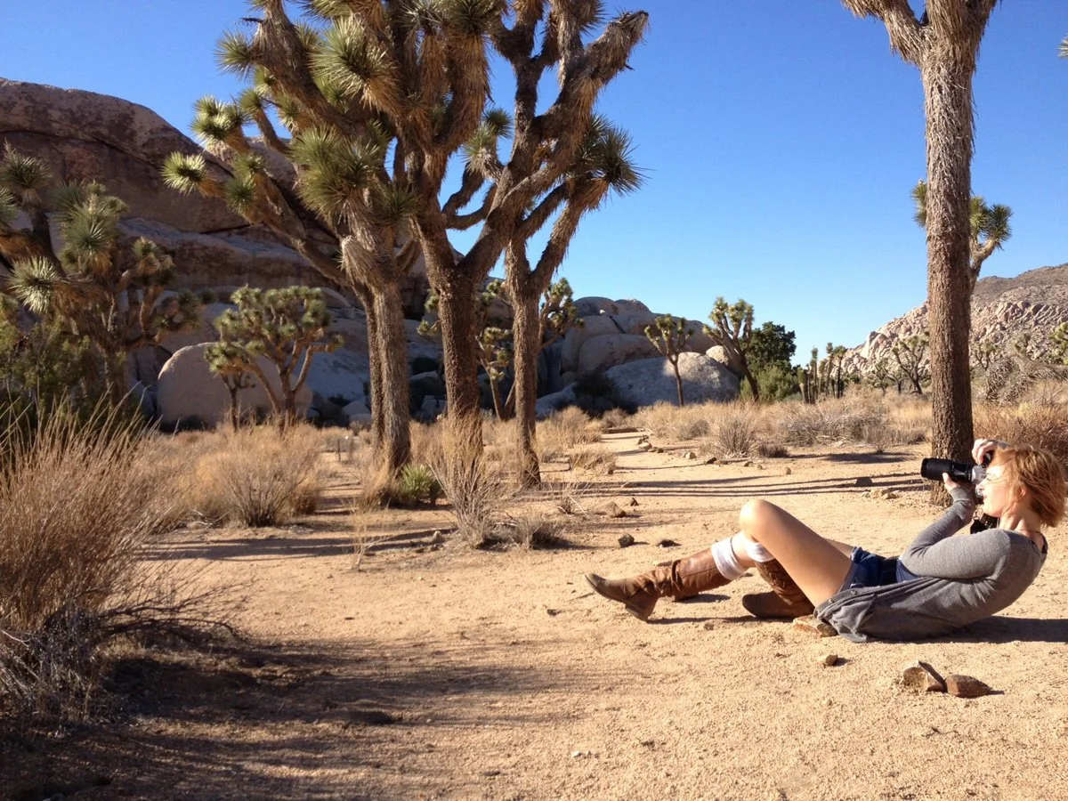 Photographer Lauren Elisabeth lying down on the ground in Joshua Tree National Park to get the shot.