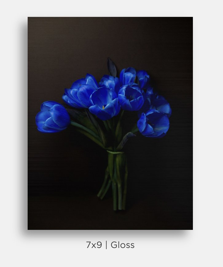 Metallic prints for sale. Image of a bouquet of electric blue tulips on black. Great gifts, home decor.