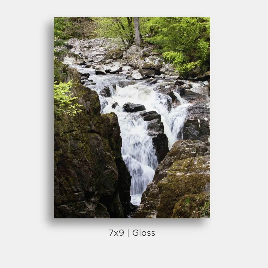 Landscape of Odin's Falls waterfall in The Hermitage nature preserve in Perthshire, Scotland. Prints for sale.