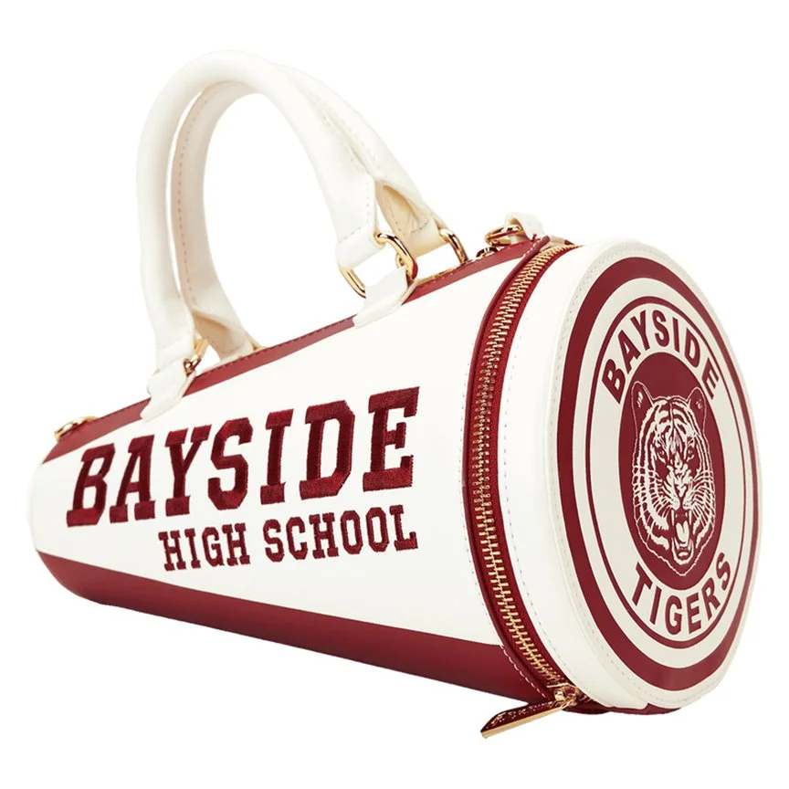 E-commerce product image of a Saved By the Bell Bayside High handbag designed to look like a sports megaphone with the Bayside High School logo and mascot on it. The bag has white handles and the designs are a deep maroon color. 