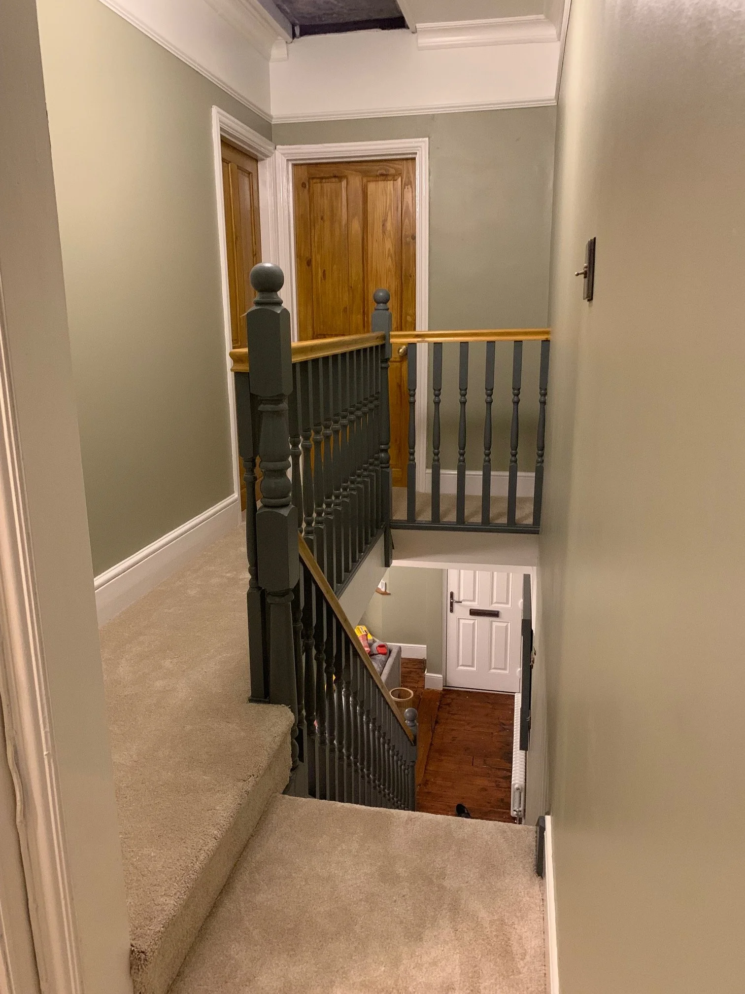 Landing Refurbishment. Painting, coving, skirting boards, sanding and painting the stairs. Ceiling rose. New doors sanded and varnished. 