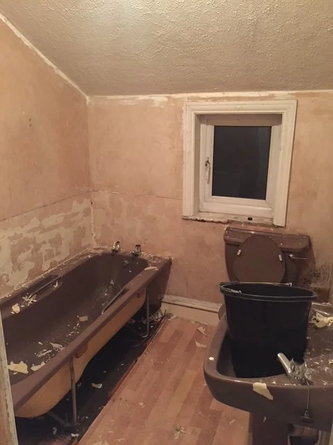 Bathroom Refurbishment Uxbridge. Rip out, relocate the toilet and sink. Light plumbing.
