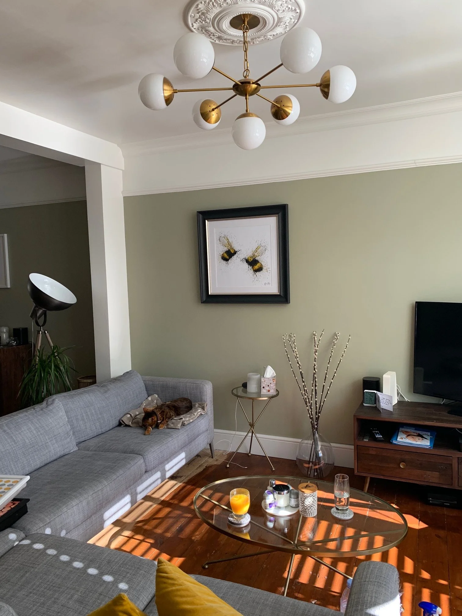 Living room redesign Uxbridge. A couple of walls were removed, leaving a large open plan room. The floors were all sanded and varnished initially. Interior design scheme was agreed and we went on to paint all the walls and cieling. Install coving and