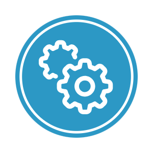 Icon of two white gears inside a blue circle with a white border