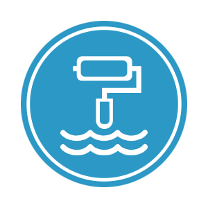 Water level monitoring icon with a roller and water waves inside a blue circle