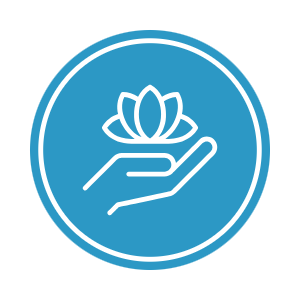 A hand holding a blooming lotus flower inside a circular outline on a blue background.
