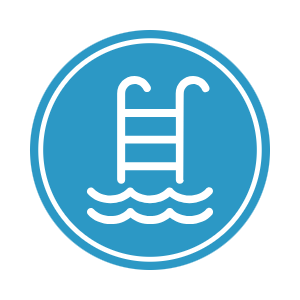 Swimming pool safety sign with a ladder and water waves