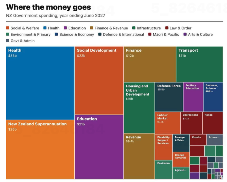 Chart made up of rectangles showing what proportion of the NZ budget is made up of different categories of spending.