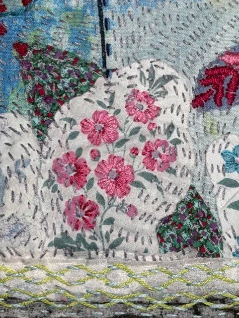 Kantha Textile Art embellished pink flowers