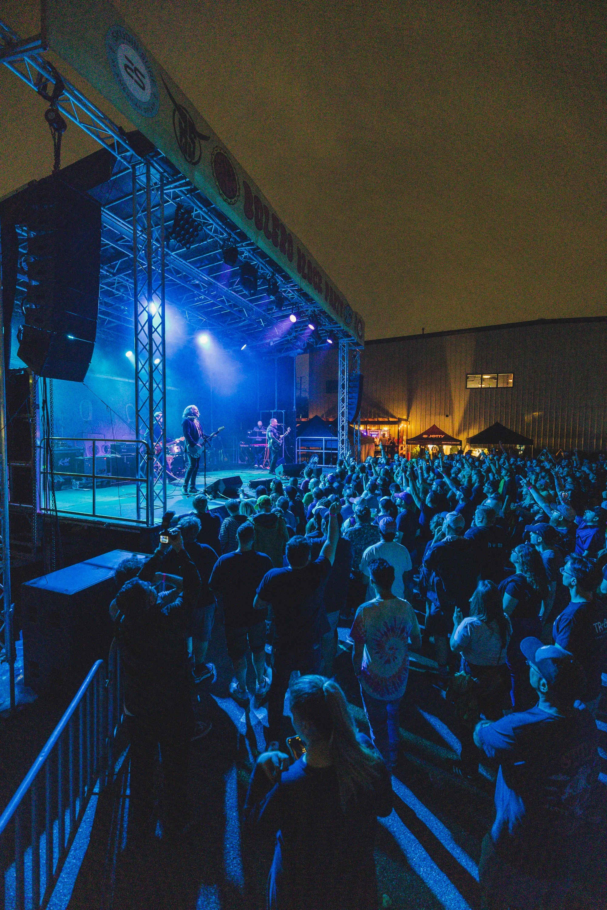 Crowd watching a live concert on an outdoor stage at night with blue lighting and musicians performing.