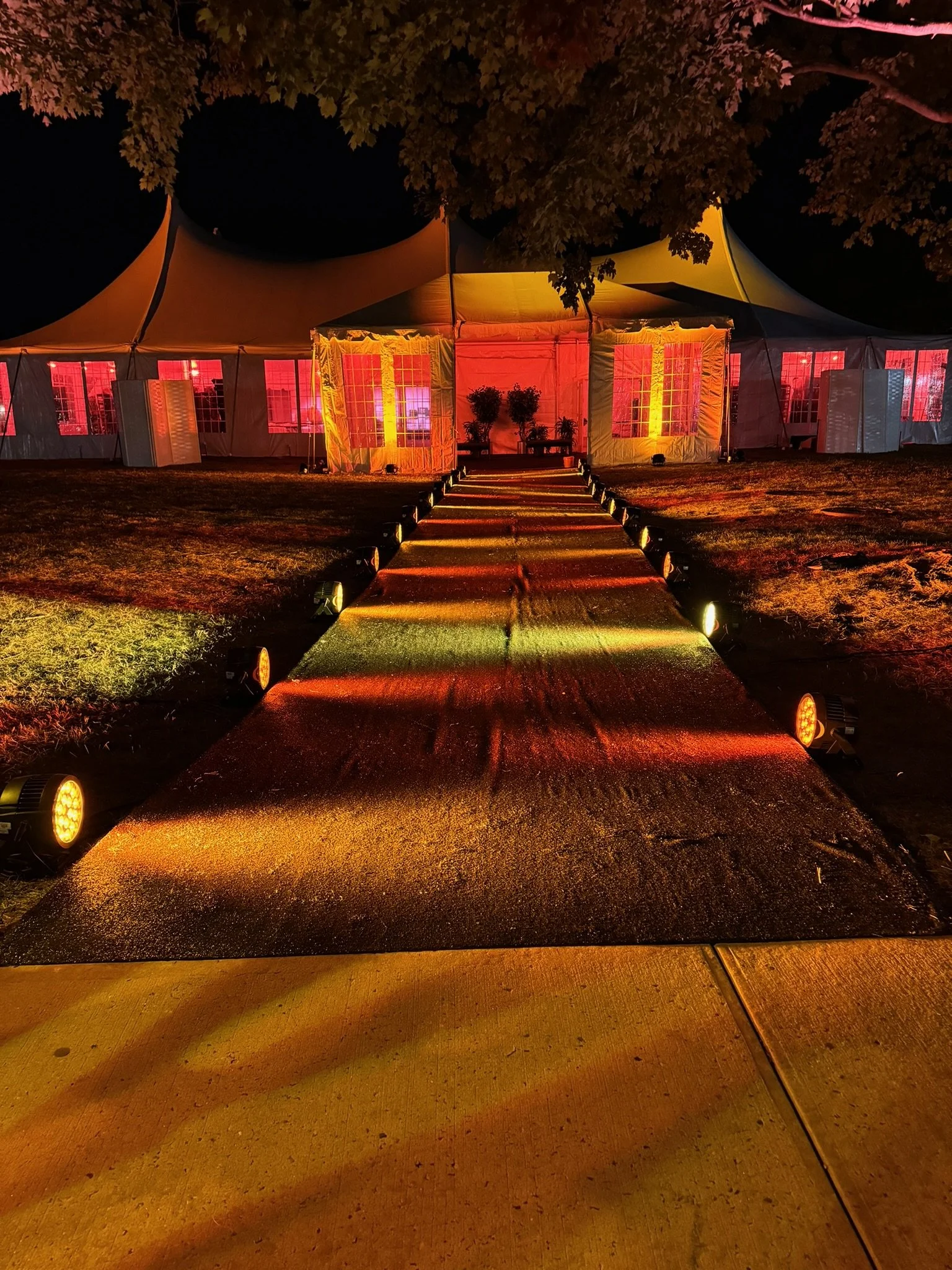 A brightly lit outdoor event tent at night with colorful lighting and a pathway leading to the entrance, surrounded by trees.