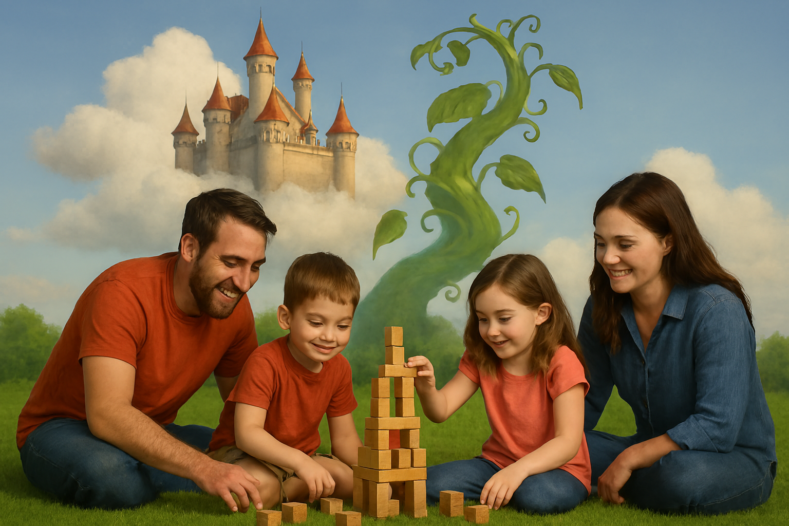 Familia jugando con un castillo de madera y de fondo un castillo en las nuebes con una planta que sube hasta el cielo