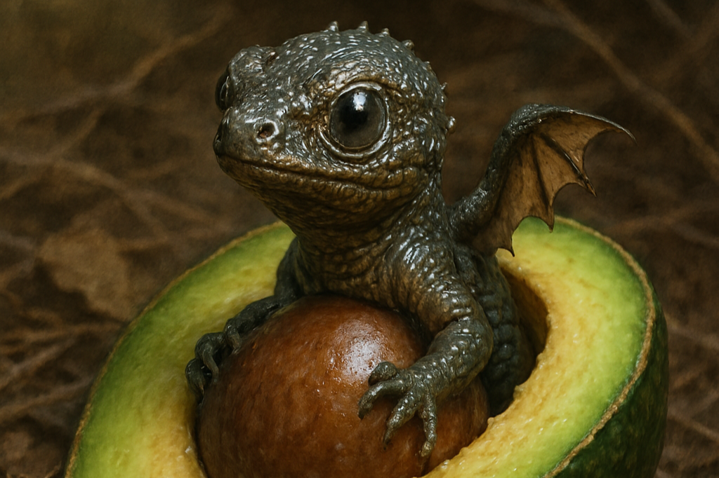 Un dragón naciendo de un hueso de aguacate, es una idea que puede inspirar a un niño a juntar conceptos que conoce y creas cosas nuevas.