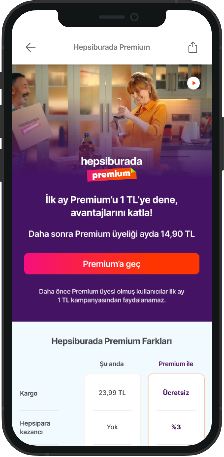 Smartphone screen displaying a promotion for Hepsiburada Premium, with an image of a woman and man exchanging a package, and text about premium membership benefits and prices.