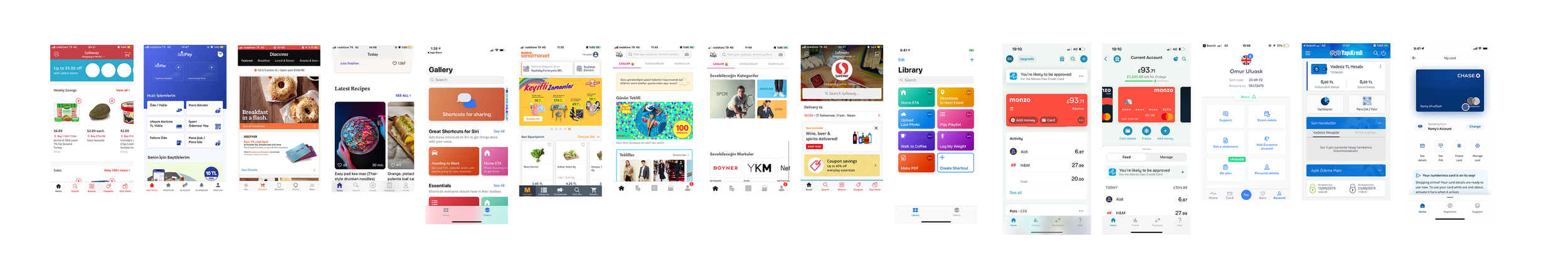 A row of various mobile app screens displaying different features and interfaces of banking, shopping, food delivery, and social media apps.