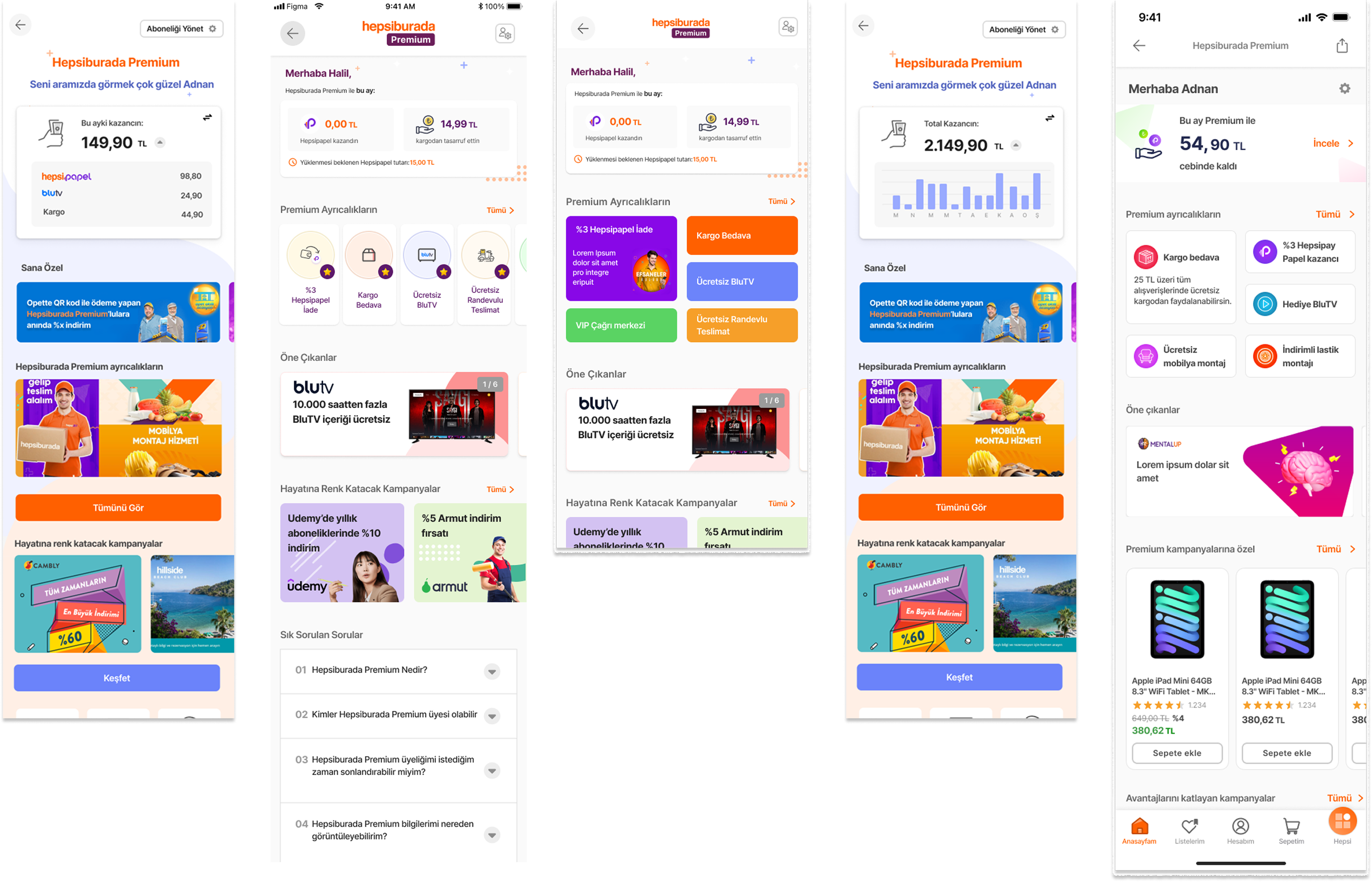 Screenshots of a mobile app interface for Hepsiburada Premium, a Turkish online shopping platform. The screens display user account information, earnings, premium benefits, promotions, and product listings.