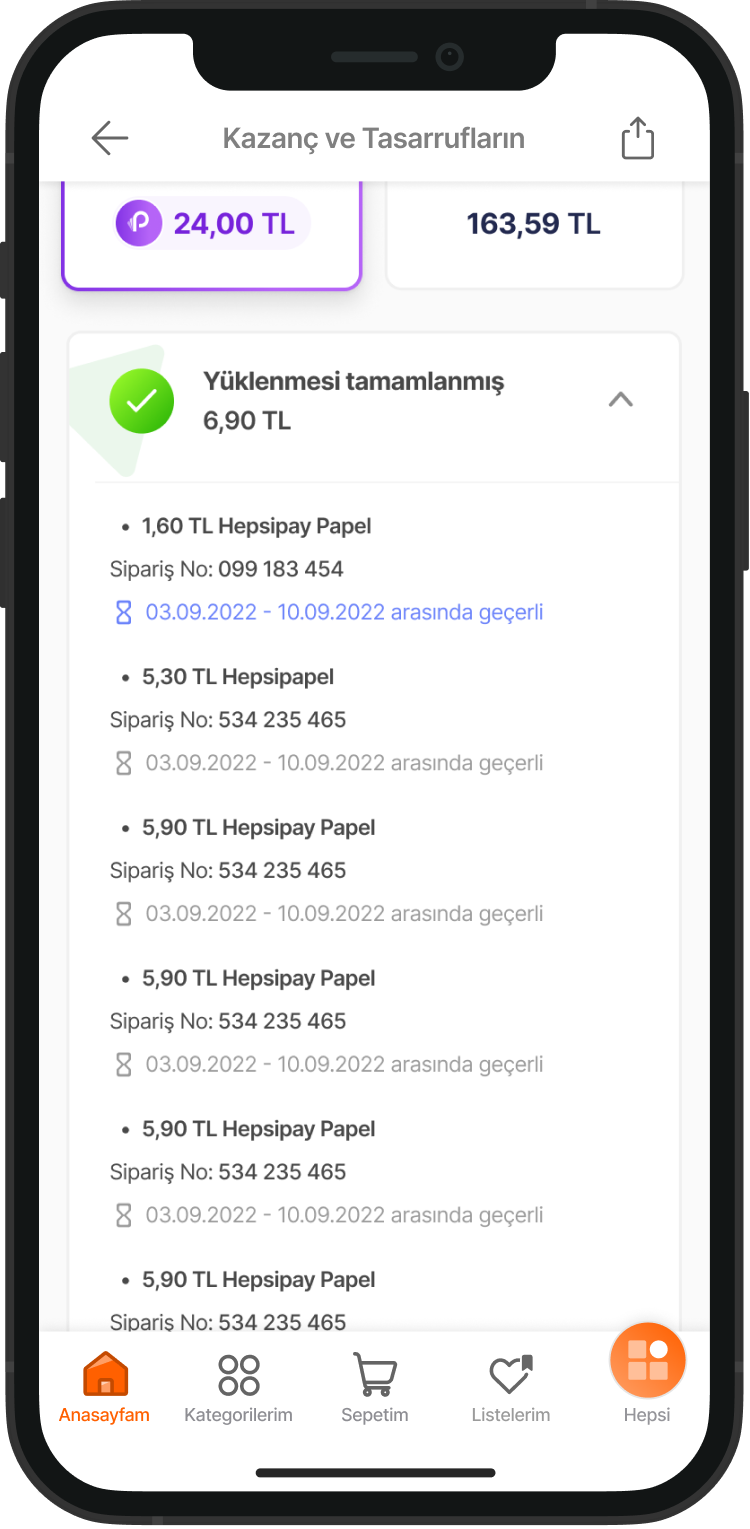 Mobile phone screen displaying a financial app with a section titled "Kazanç ve Tasarrufların" showing balances in Turkish Lira, and a purchase history of paper products including Heispay Paper, with prices between 5.30 and 6.90 TL, including order numbers and date ranges in September 2022. The app has navigation icons at the bottom for Home, Categories, Cart, Favorites, and All.