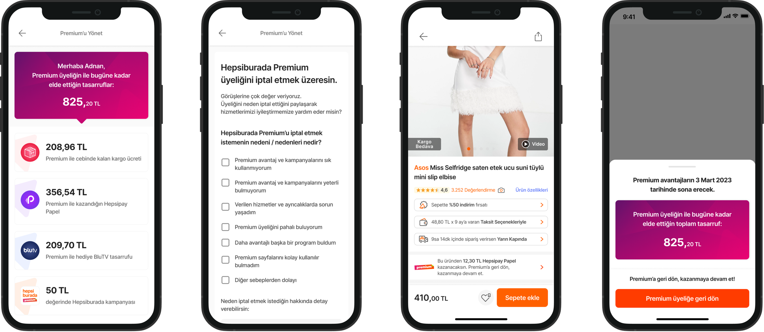 Screenshots of a mobile app interface in Turkish displaying various sections related to managing a premium membership, item details, and subscription status.