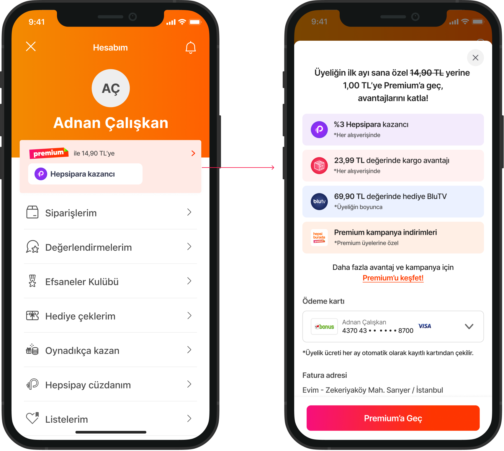 Screenshots of a mobile shopping app showing account details and promotions for a user named Adnan Çalışkan. The left image displays the menu with options for orders, reviews, favorites, gift cards, earned rewards, wallet, wallet card, and list. The right image shows a promotional message about switching to premium membership with benefits like cashback, cargo discount, and BluTV gift, along with the user's account details and payment information.