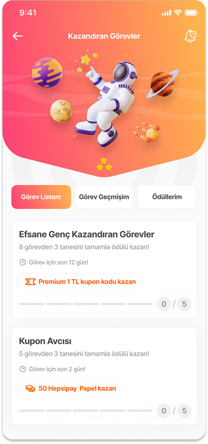 Mobile app interface featuring a space-themed illustration with an astronaut floating among planets and stars, and sections labeled 'Görev Listem,' 'Görev Geçmişim,' and 'Ödüllerim'.