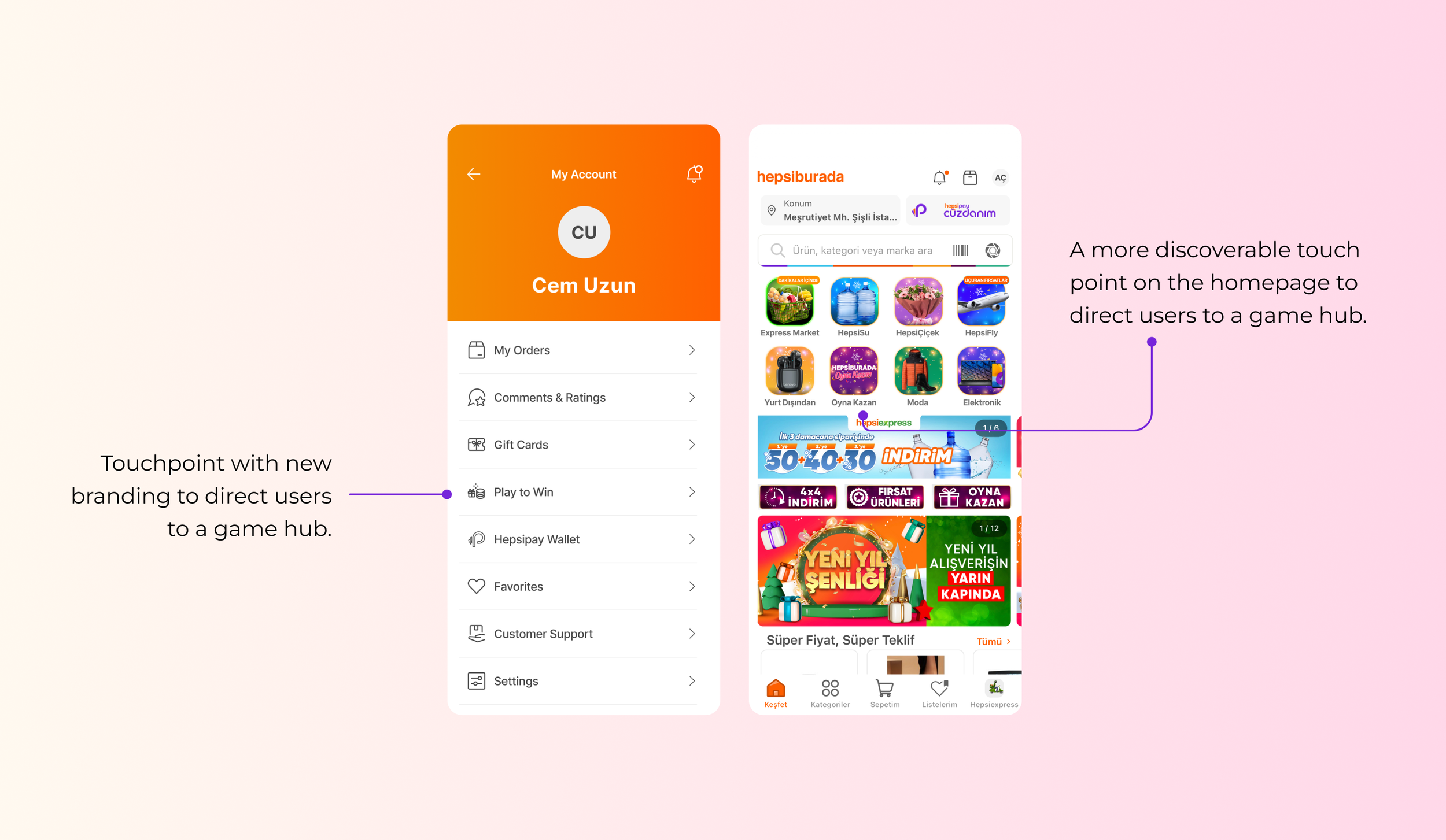 Screenshot of a mobile app interface showing an account page with the user's name, profile picture, and menu options on the left. The right side displays a homepage with shopping categories, promotional banners, and product suggestions. Annotations describe a new branding touchpoint on the account page and a clickable area on the homepage directing users to a game hub.